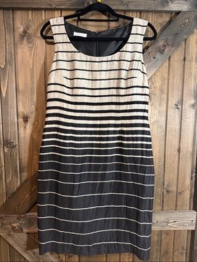 Sleeveless Black and Cream Midi Linen Blend Striped Midi Dress